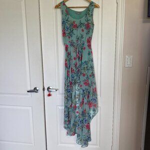 Floral & Flowy High- Low Green Dress with Floral Pattern Size S/M